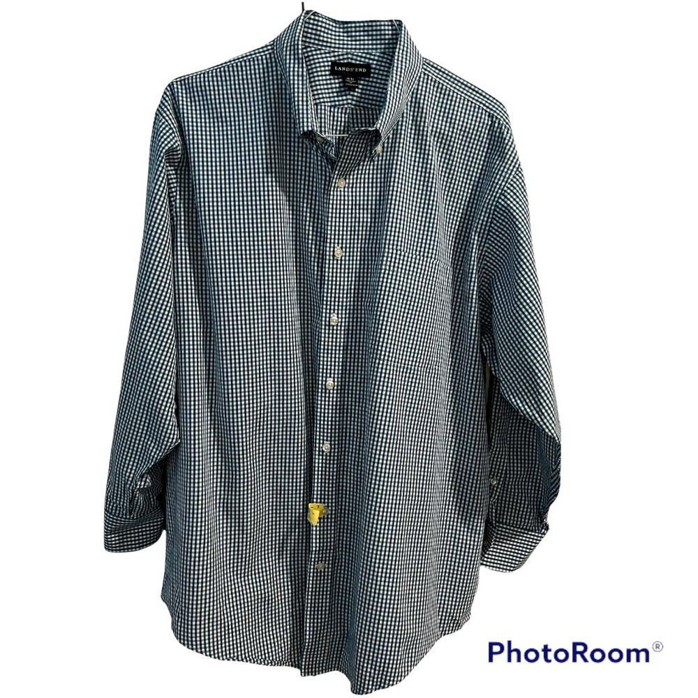 Lands End Men's 100% Cotton LS Button Down Shirt Teal White Check Size 18/34